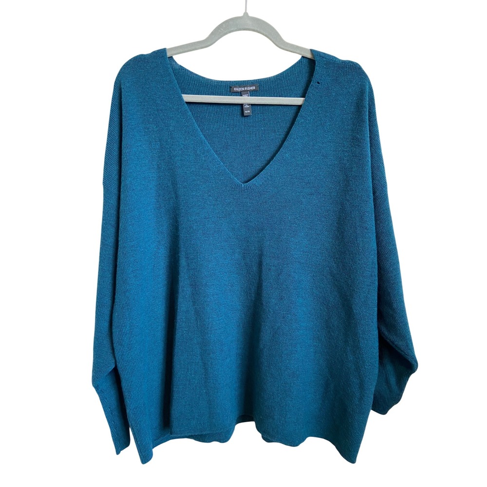 Eileen Fisher Merino Wool V-Neck Sweater Teal Blue Oversized XL Italian Yarn